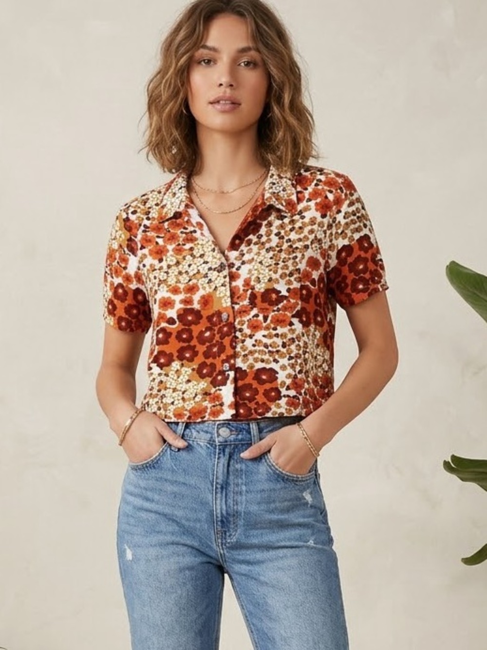 Her Pony The Label Floral Farrah Button Front Crop Short Sleeve Shirt